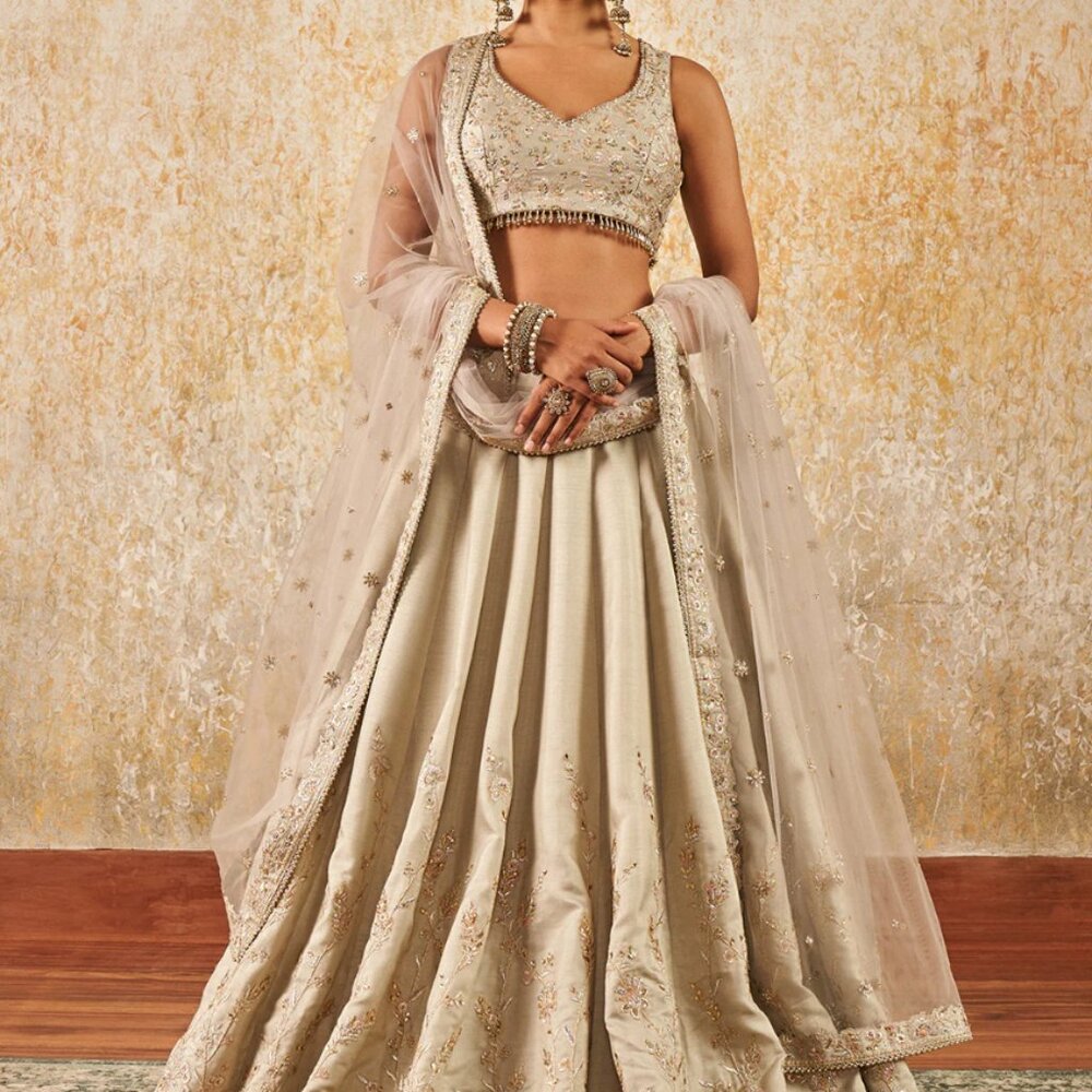 Light Silver Silk Lehenga with gold Zari Embroidery for Indian Wedding/Sangeet